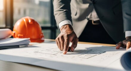 Professional points at architectural plans, reviewing blueprints and project details in sunlit