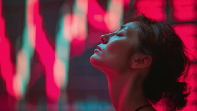 Radiant Contemplation: A woman closes her eyes, bathed in vibrant neon lights, capturing a moment of introspection and serenity.