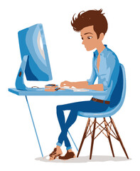 Young Man Working on Computer in a Modern Cartoon Style Vector Art