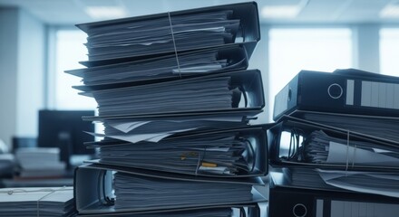 Overflowing ring binders stacked high on a desk symbolizing administrative burden and overwhelming