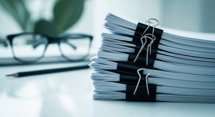 Arrangement of office papers and binding clips with blurred work accessories on a bright desktop