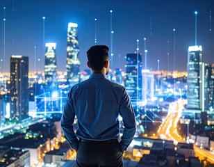 Businessman overlooking a futuristic cityscape at night