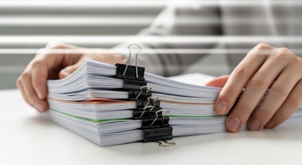 Closeup view of human hands organizing thick stacks of office paperwork secured with metal clips