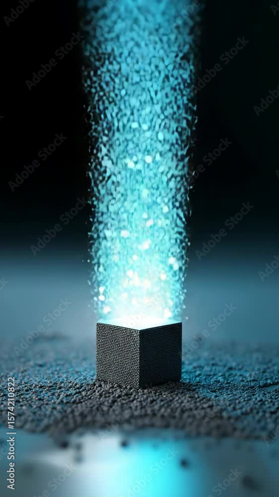 Poster a cube is surrounded by a cloud of blue and white particles. the cube is the center of attention and