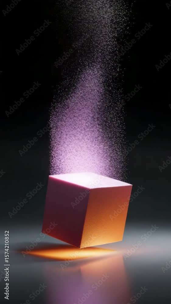 Aufkleber a cube is floating in the air with purple and orange particles surrounding it. concept of weightless