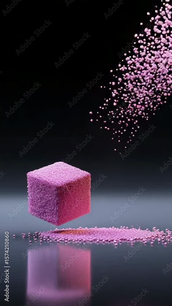 Poster a pink cube is falling into a cloud of pink particles. the image has a dreamy, ethereal quality to i