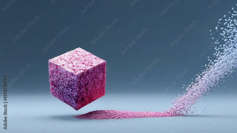 Poster a cube is shown in the air with a lot of small pieces of it scattered around. concept of chaos and d
