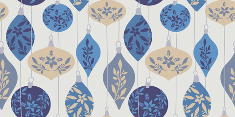 Christmas seamless pattern with vintage blue and beige ornaments