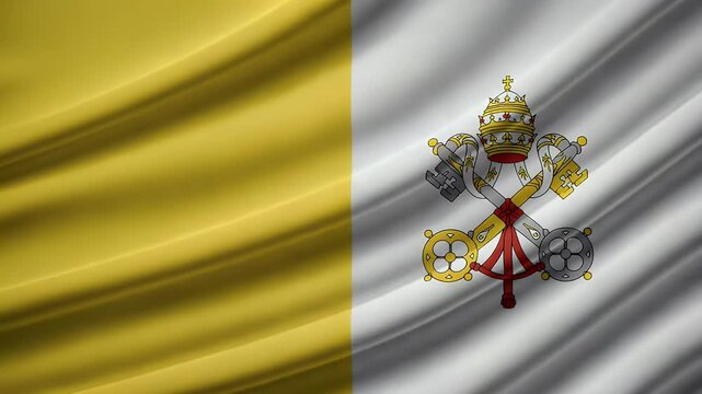 Close-up view of the Vatican City flag waving in the wind, with its yellow and white colors and the Papal coat of arms. A symbol of the Catholic Church and sovereignty of Vatican City.