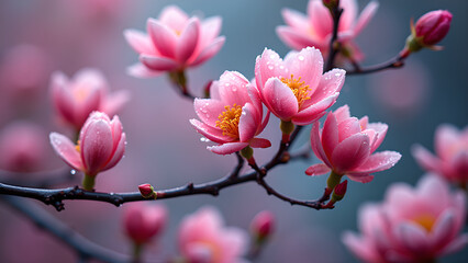 Delicate pink plum blossoms with water droplets create an ethereal and captivating spring floral display
