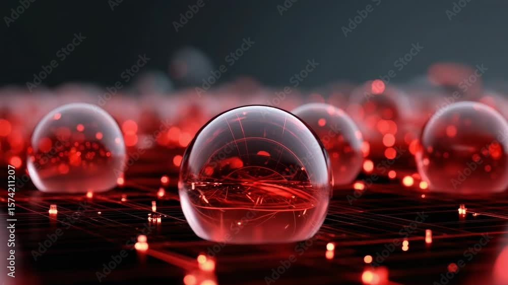 Poster a close up of a bunch of red spheres on a black background. the spheres are all different sizes and 
