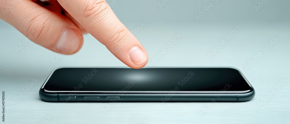 Poster touch interaction with a smartphone digital space technology minimalist environment close-up view us