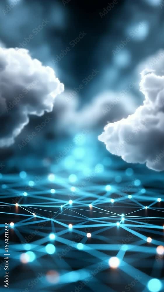Poster a blue sky with clouds and a network of dots. the sky is filled with clouds and the dots are scatter