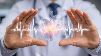 Healthcare Guardian: A healthcare professional cradles a glowing digital heart within their protective embrace, a modern visualization of healthcare's focus on well-being, medical advancements.