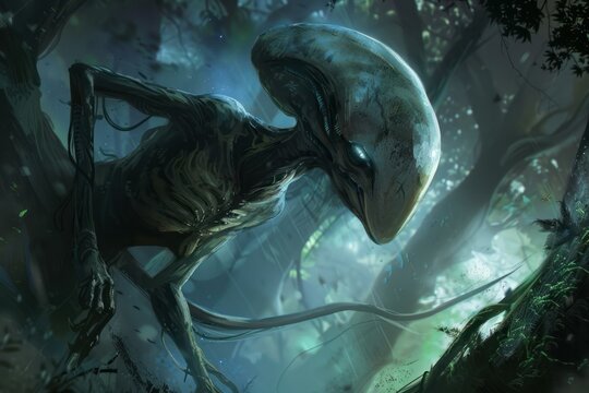 Menacing alien hiding among trees in a mysterious forest, creating a suspenseful and otherworldly atmosphere
