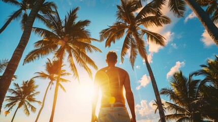Young man standing by the palm trees looking at sun