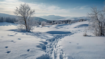 Snowy landscape with a path leading through a field towards distant mountains, trees covered in frost.