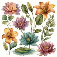 Watercolor lilies, frogs, and droplets feel lovely and delicate