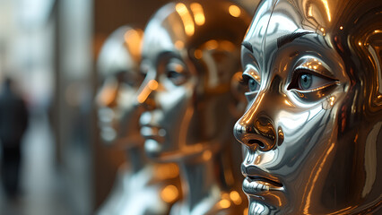 Sleek chrome visage the allure of futuristic robotic faces in a modern digital age exhibition