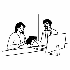 Two diverse business team people talking and working in office on corporate project at meeting. Young Asian employee and mid aged Latin executive looking at digital tablet company technology device.