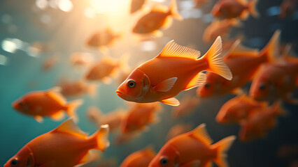Fototapeta premium A school of vibrant goldfish swimming gracefully in clear water illuminated by sunlight in aquarium