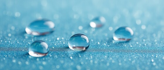 Fototapeta premium Water droplets on blue surface nature macro photography calm environment close-up view serenity and clarity