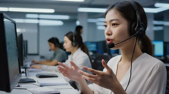 In a busy call center environment, a young Asian woman in a white blouse speaks passionately while gesturing, illustrating the collaborative and fast-paced nature of the work