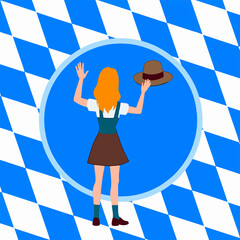 From the series "oktoberfest", girl with a hat in her hand meets or sees someone off,  on the background of traditional bavarian pattern with blue and white diamonds