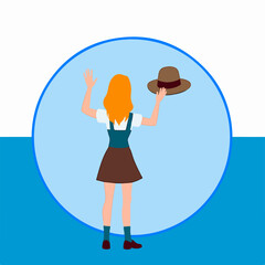 From the series "oktoberfest", girl with a hat in her hand meets or sees someone off,  on the background of traditional bavarian pattern with blue and white strips
