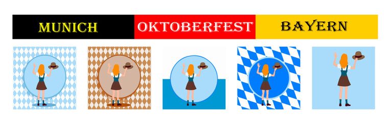 From the "oktoberfest" series, a set of girls with a hat in her hand  with different variants of bavarian ornaments and backgrounds