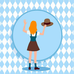 From the series "oktoberfest", girl with a hat in her hand meets or sees someone off,  on the background of traditional bavarian pattern with blue and white diamonds