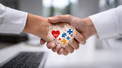 Healthcare Partnership: Two healthcare professionals shake hands, a glowing heart and puzzle pieces symbolizing collaboration, trust, and shared goals in healthcare.