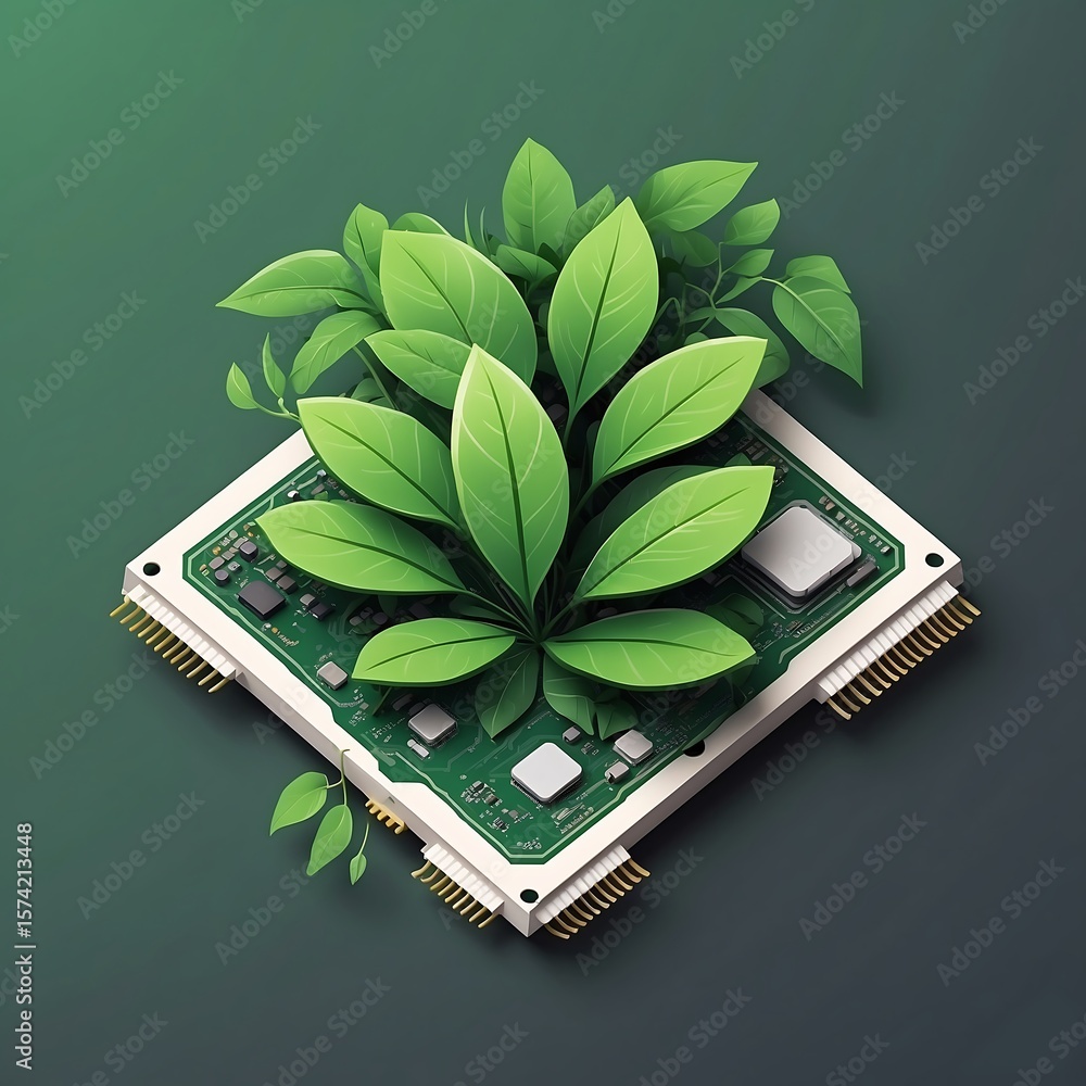 Poster coding vector plant growing from cpu chip, leaves as css hexagons, flat greengray, isolated white.
