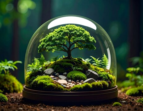 Tiny Enchanted Forest in Glass Dome with Moss and Pebbles