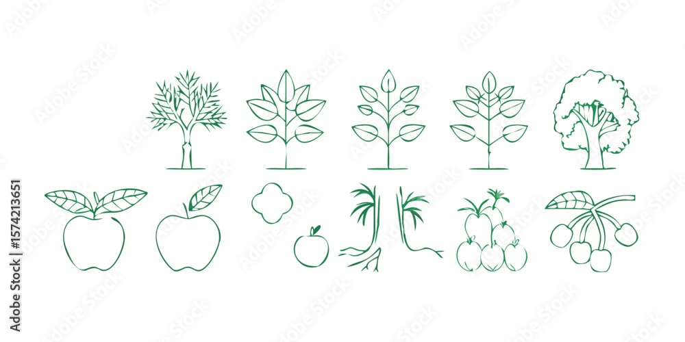 Poster mega set of trees line icon vector pictograms with a cat illustration on transparent background comp
