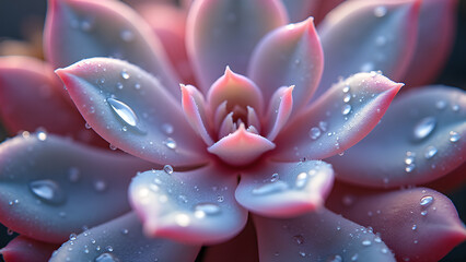Fototapeta premium A beautiful close up shot of a succulent covered in water droplets with soft lighting and pastel colors