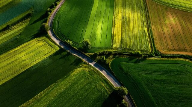 Scenic Countryside: A bird's-eye view captures an idyllic countryside, where a winding road meanders through a patchwork of vibrant, sun-drenched fields.