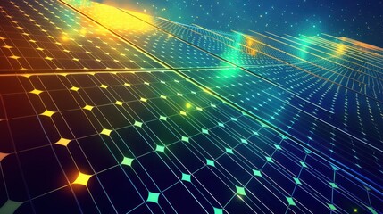 Solar panel silhouette fractured prisms atmospheric background spectrum dispersal indigo shadows emerald mid-tones yellow highlights geometric precision