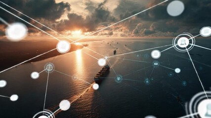 Global Connectivity and Maritime Trade: A stunning view of a cargo ship sailing through the ocean, overlaid with a futuristic digital network design representing global trade and interconnectedness. - Powered by Adobe