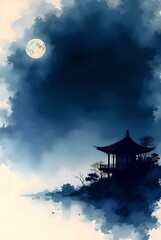 Serene Moonlit Pavilion - Dark Ink Shadow