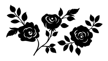 Set of decorative rose flower silhouettes with leaves. Elegant floral vector illustrations perfect for romantic, botanical, and ornamental design themes. Isolated on transparent background.