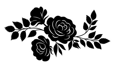 Set of decorative rose flower silhouettes with leaves. Elegant floral vector illustrations perfect for romantic, botanical, and ornamental design themes. Isolated on transparent background.
