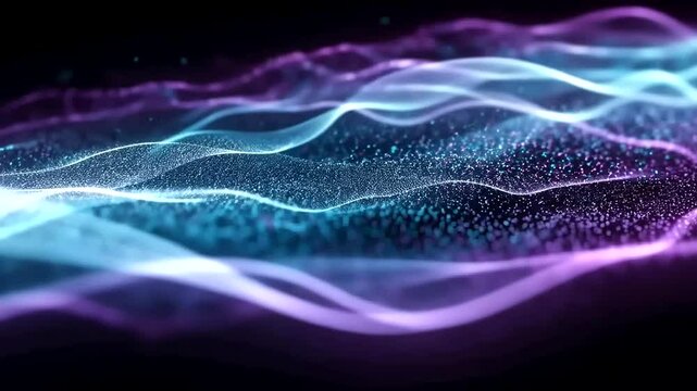 Dynamic wave patterns with glowing particles, vibrant colors creating an engaging abstract
