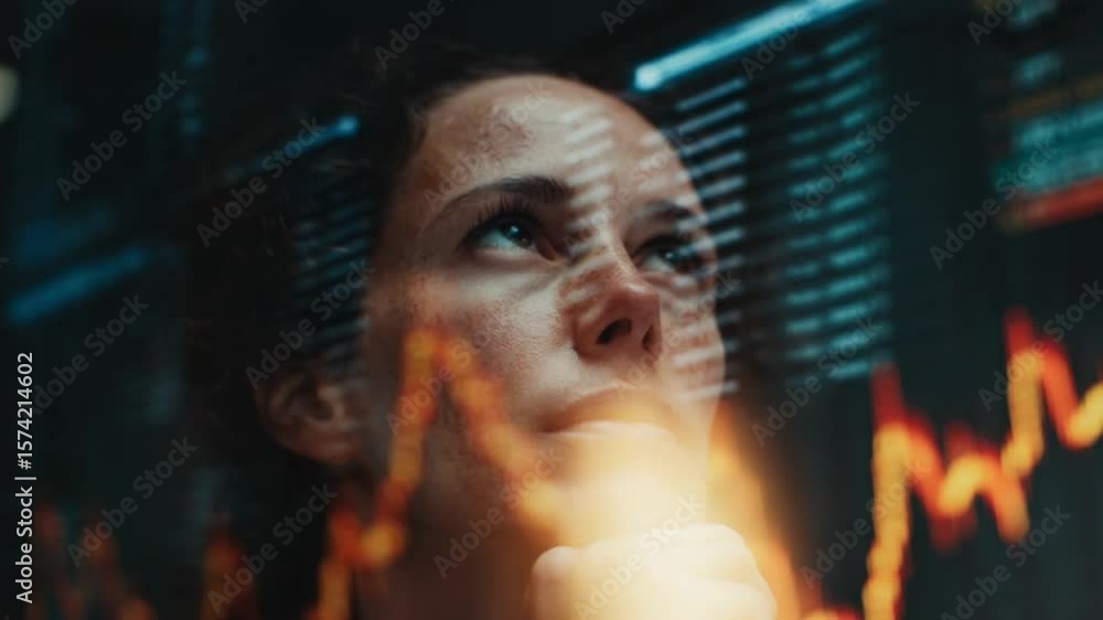 Poster focused vision: an individual gazes intently, analyzing data projected onto a digital display, bathe