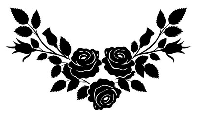 Set of decorative rose flower silhouettes with leaves. Elegant floral vector illustrations perfect for romantic, botanical, and ornamental design themes. Isolated on transparent background.