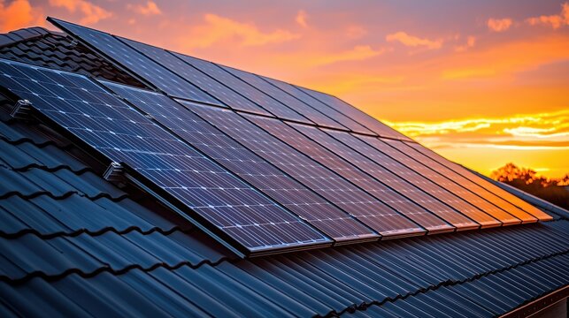 Panel mounting system solar rooftop installation residential golden hour warm sunlight dramatic shadows three-dimensional support structure