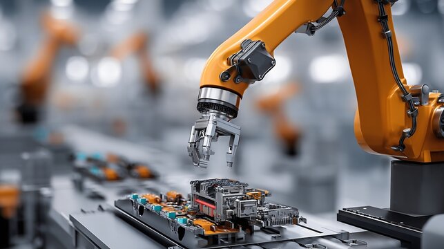 High-resolution photo of a robotic arm assembling components of metal in a manufacturing setting