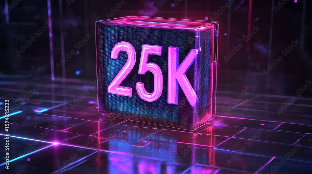 Poster futuristic 25k cube display with glowing numbers showcasing digital achievements in a cyber world