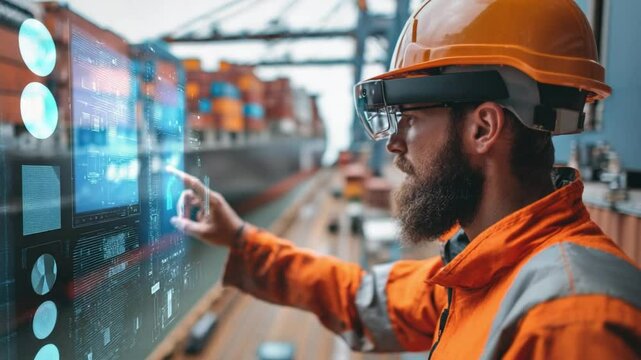 Modern Maritime Monitoring: A focused maritime worker wearing a hard hat and AR glasses, pointing to a digital interface, with a backdrop of a cargo ship, showcasing advanced technology in action.