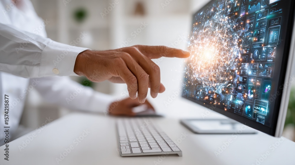 Poster interactive touch: an illuminated screen responds to the touch of a hand, displaying complex data an